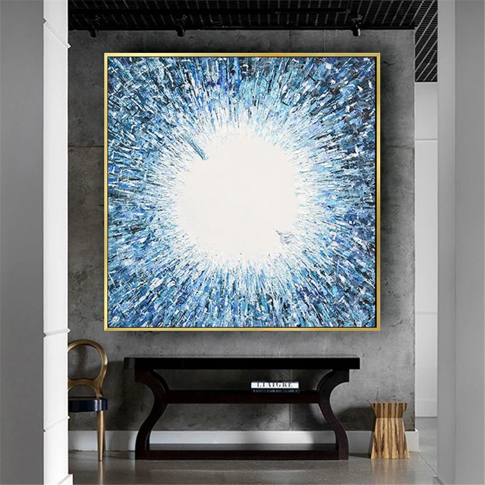 

100% Hand-Painted Blue Halo Pattern Wall Art Picture Modern Oil Painting Decorate Living Room Home Decor Poster Square Mural