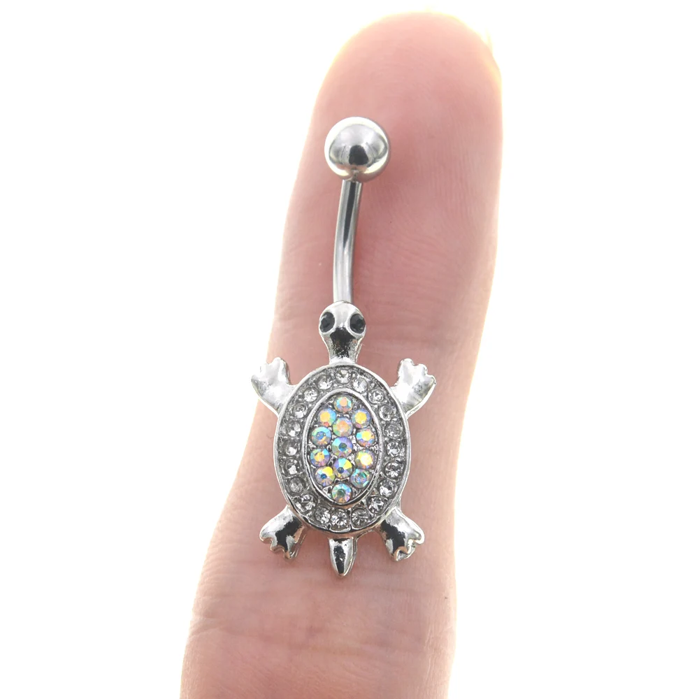 Rainbow Crystal Tortoise Navel Ring Body Piercing Jewelry Turtle Belly Button Rings Women Surgical Steel Belly Piercing Bar 14G
