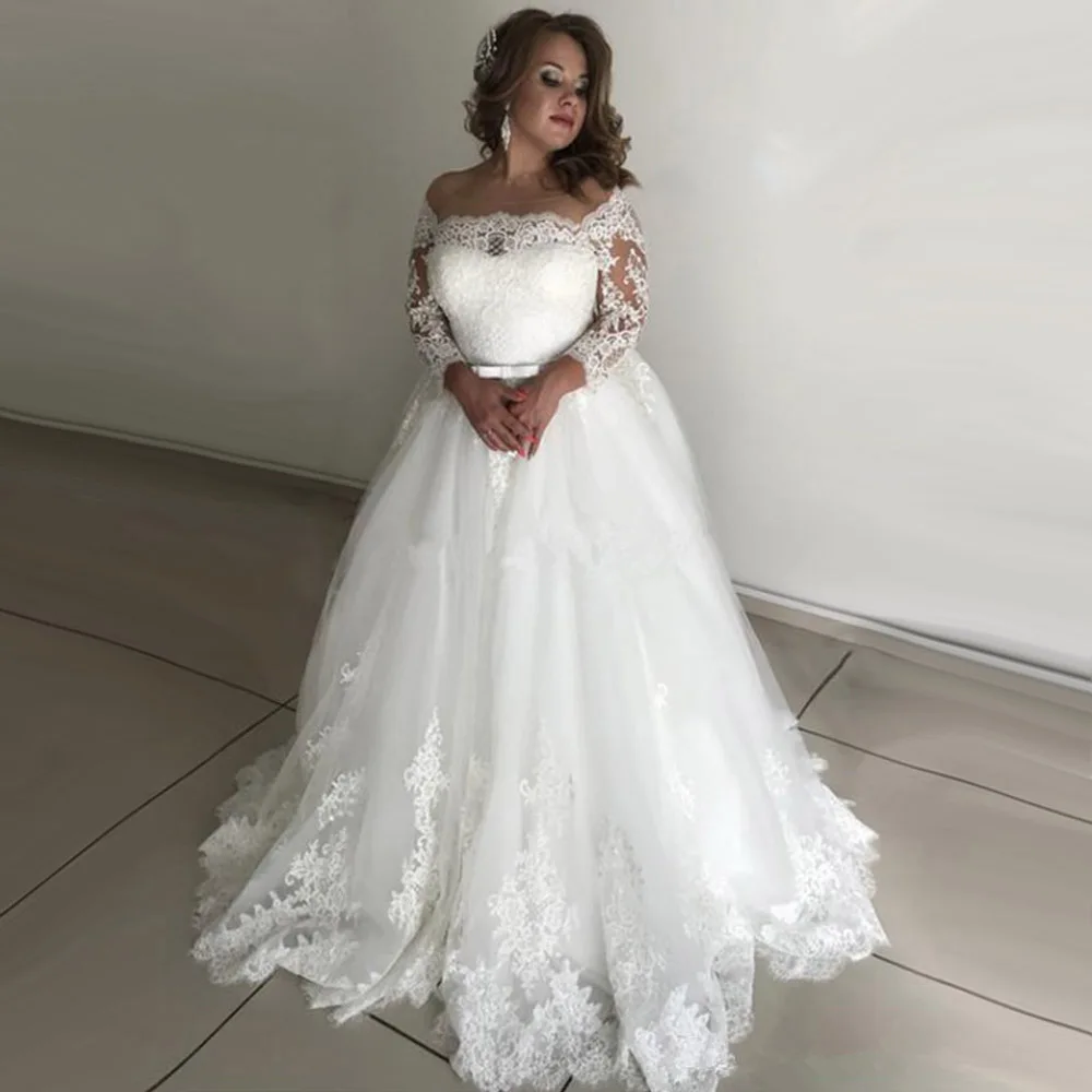 

JIERUIZE Modern Plus Size Wedding Dresses Off The Shoudler Long Sleeves Lace Appliques Bridal Gowns Robe De Mariee