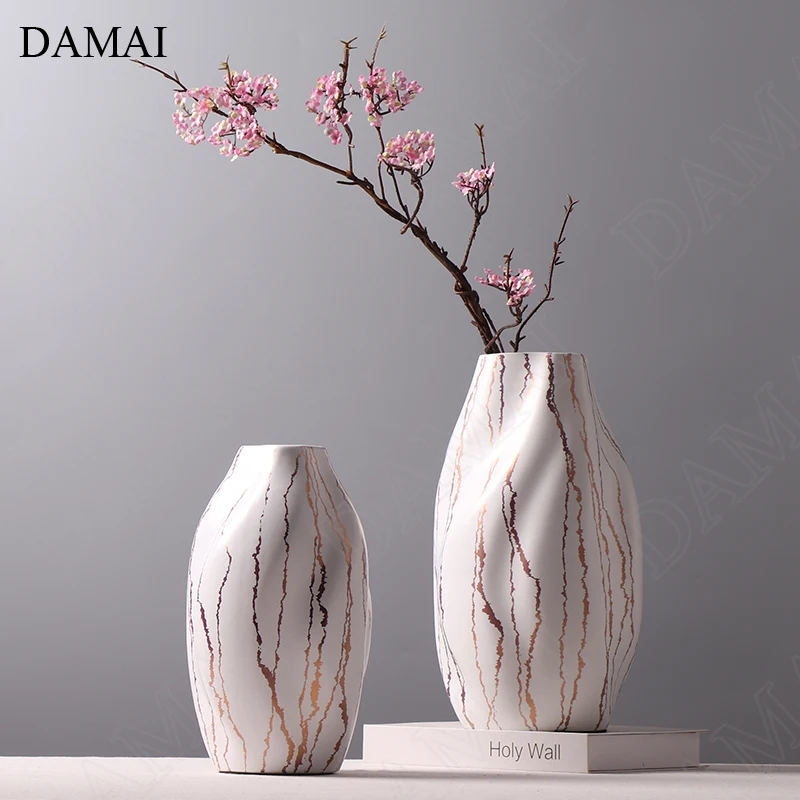 

Creativity Golden Lines Ceramic Vase Chinese Twisted Marble Texture Decorative Vases Office Meeting Room Countertop Plant Pots