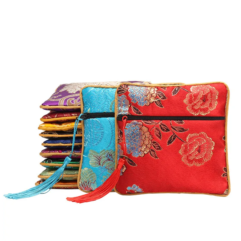 

10pcs Peony Flower Small Zip Bags for Jewelry Gift Pouch Chinese Silk Satin Bracelet Packaging Case Women Coin Purse Party Favor