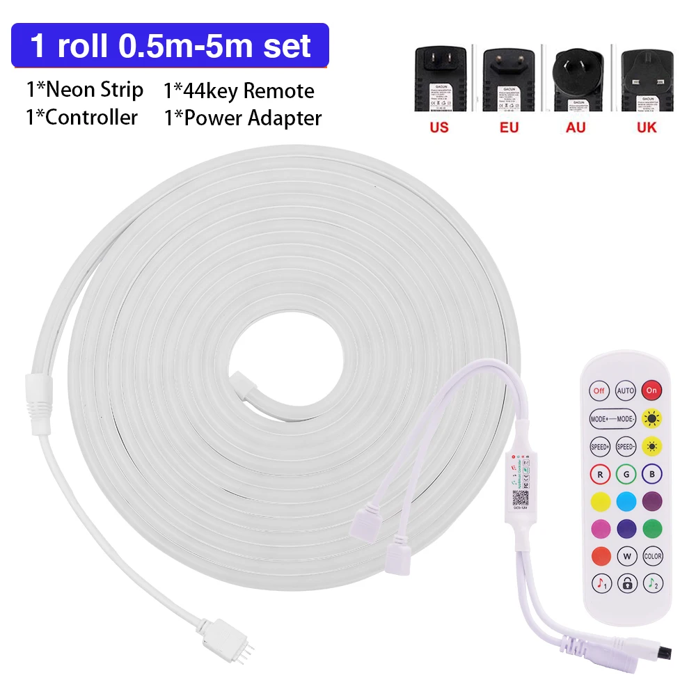 Tira de luz de neón RGB con Control de música, cinta Flexible de 5050 LED, CC de 12V, Bluetooth, fuente de alimentación