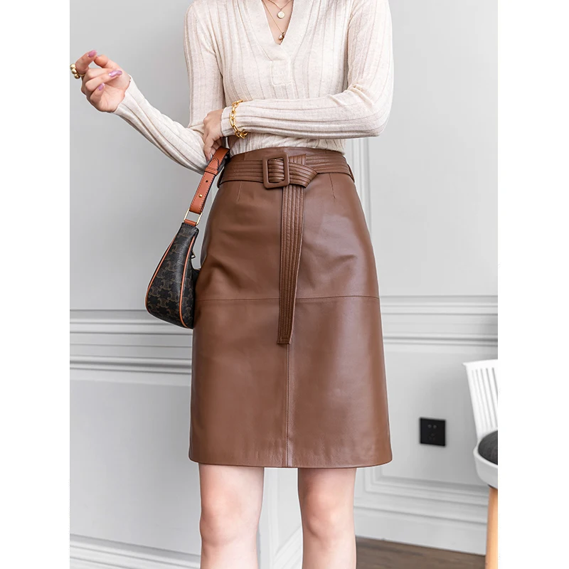 Women Lace-up Genuine Leather Skirt Female Winter Pure Sheep Skin Knee Length Saias With Belt Feminina Neat Stitches Wrap Jupe