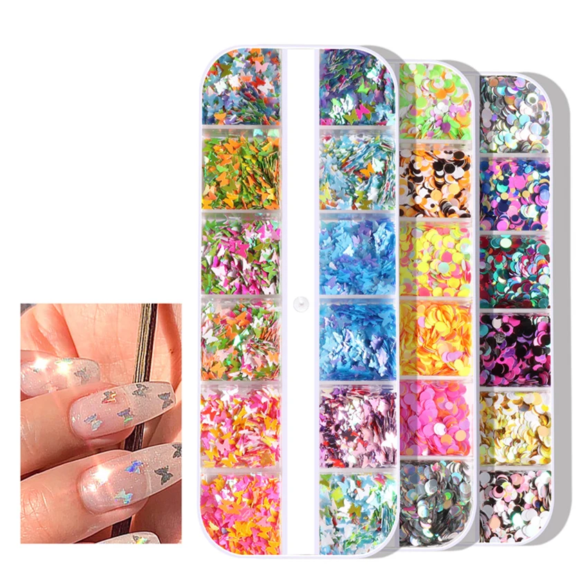 Glitter Butterfly Heart Multi Shape Laser Symphony Butterfly Sequins 3D Colorful Round Sequins Manicure Nail Art Decoration