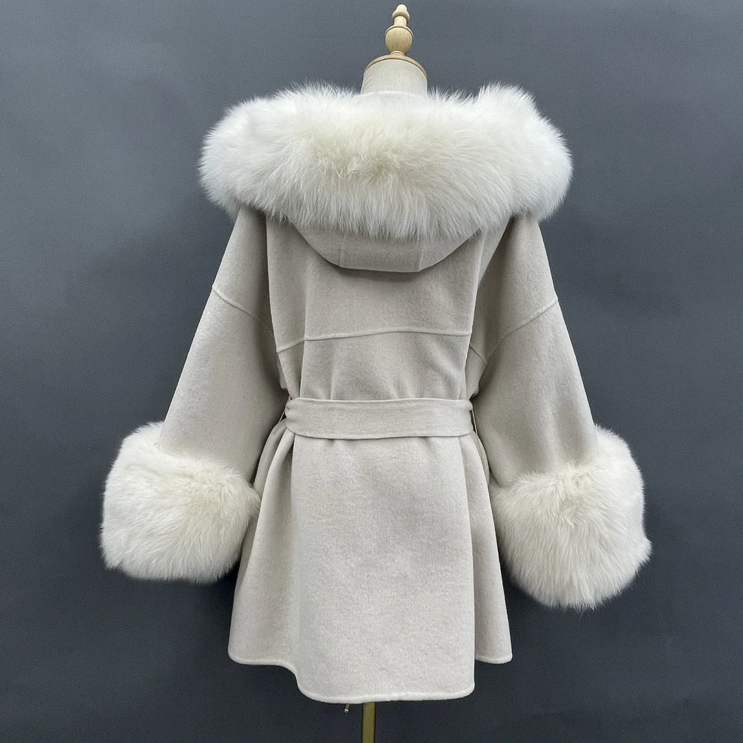 Imagem -05 - Missjanefur 2023 Cabolsa de Inverno para Mulheres Cabolsas de lã Cashmere com Capuz de Pele Real Manguito Quente Luxo com Cinto Longo Trench Cabolsa de Pele