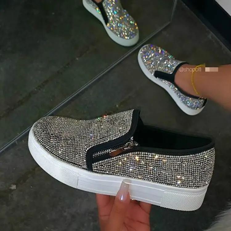 Women Bling Flats Sequins Crystal Studded Slip On Lazy Loafer Flat Round Toe Rhinestone Shoes 2020 Fashion Female Sneakers 8bv