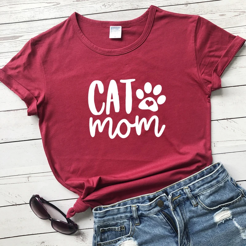 

Cute Cat Mom Paw Print T-shirt Funny Women Graphic Tumblr Hipster Tee Shirt Top Summer Short Sleeve Fur Mama Gift Tshirt Femme