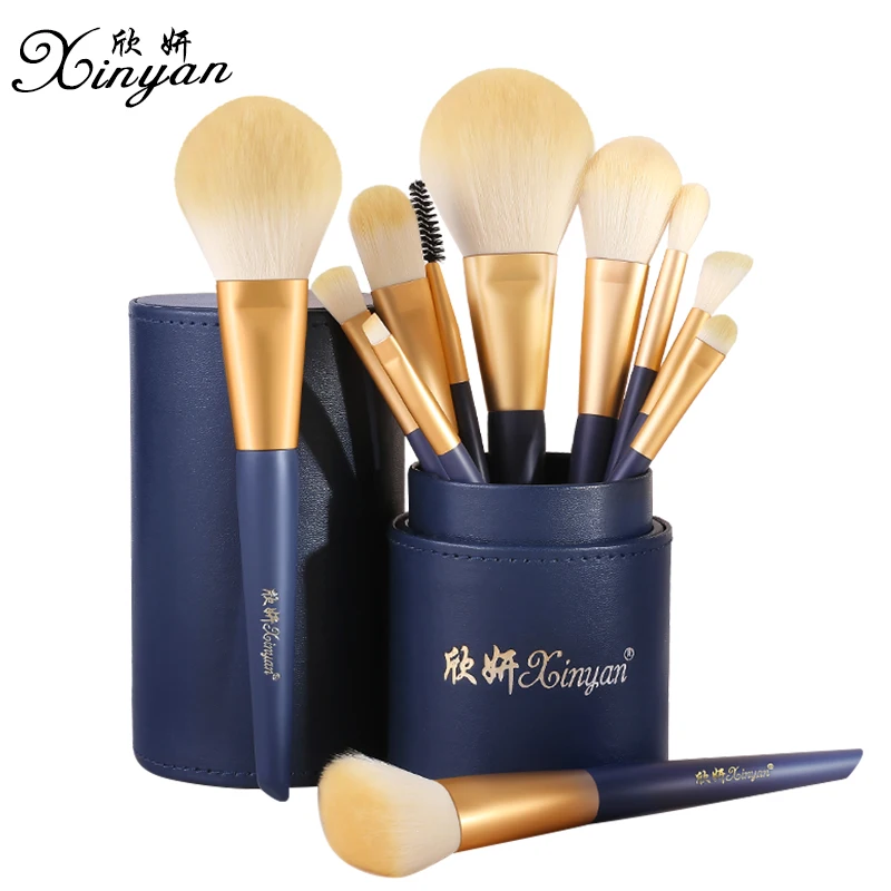 XINYAN 11Pcs Navy Blue Makeup Brushes Set Eyeshadow Powder Wood Handle Concealer Cosmetic Eyebrow Beauty Makeup Brushes Set Tool