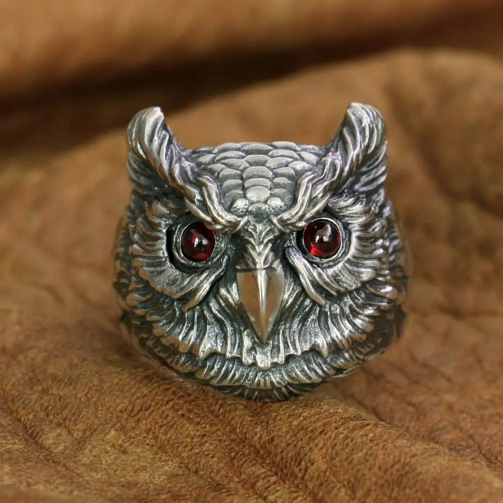 

LINSION 925 Sterling Silver CZ Eyes Owl Ring Mens Biker Punk Ring TA261 US Size 7 to 15