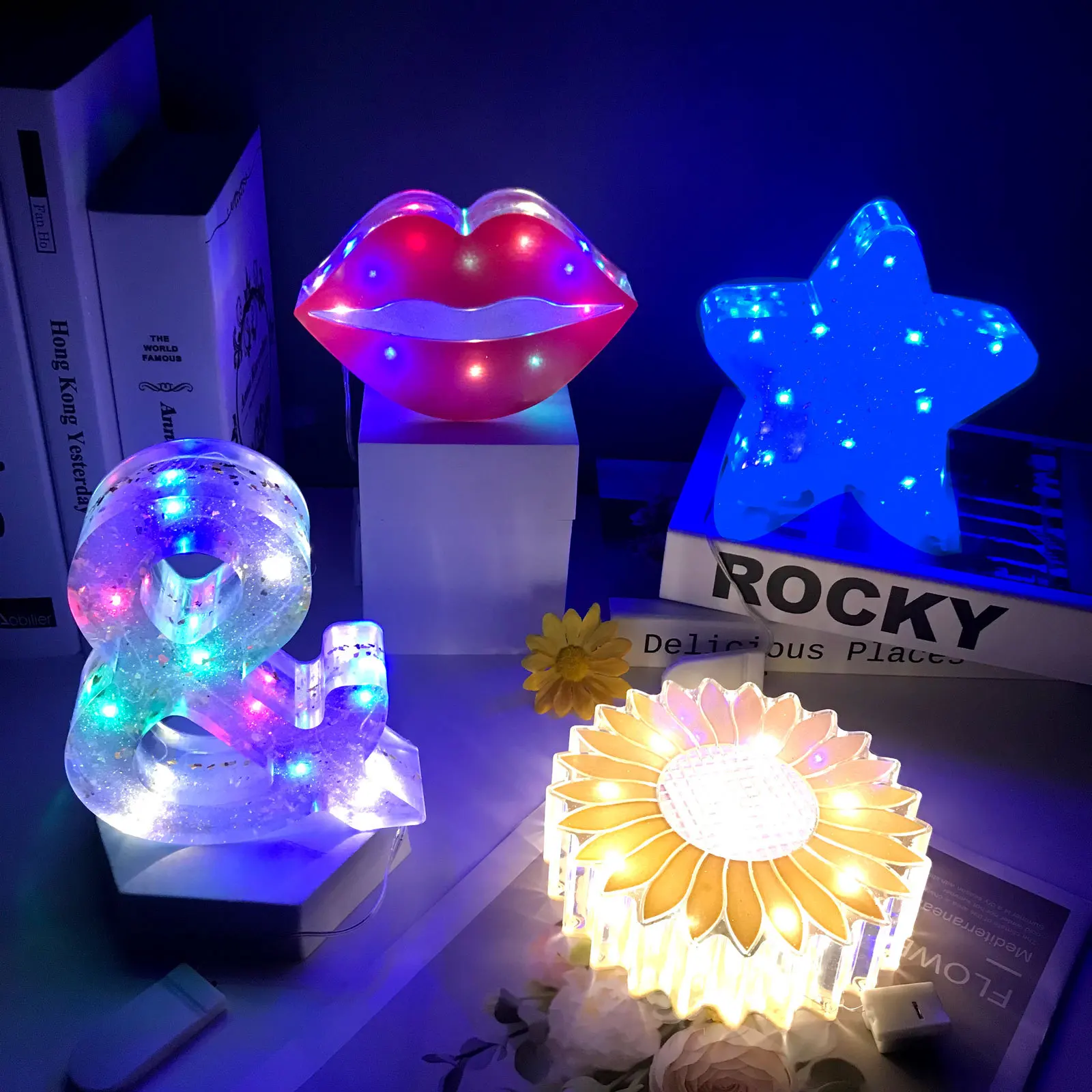 Molde de silicona para lámpara de noche con forma de estrella, accesorio decorativo con forma de flor, labios, sol, USB, luz Led, resina epoxi