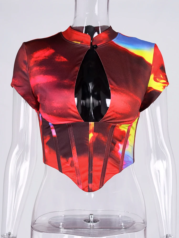 NewAsia Tie Dye Corset Top Hollow out Boned 2 Layer Mandarin Collar Zipper Short Sleeve Print Blouses Women Sexy y2k Crop Top