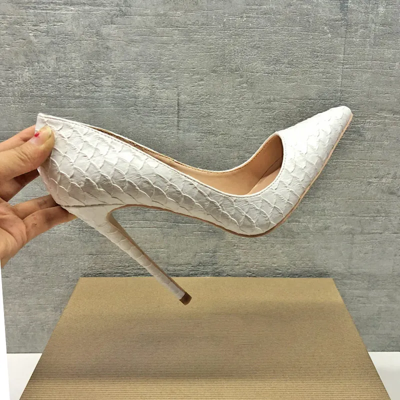 Tikicup White Crocodile-Effect Women Sexy Pattern Stiletto High Heels 12cm 10cm 8cm Customize Lady Pointy Pumps Chic Party Shoes