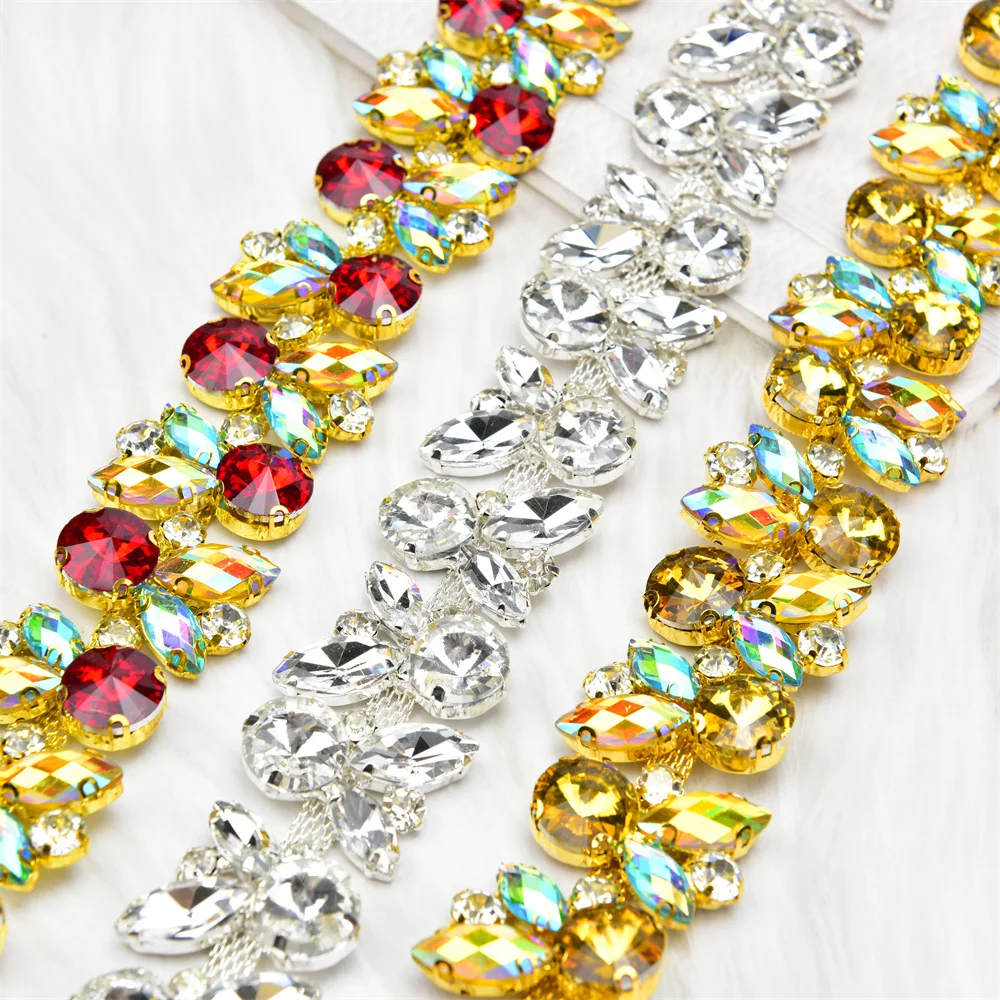 1 Yard Romantic Accessories Multicolor Glass Acrylic Rhinestone Chain Crystal Flower Trim Applique Sew Costume Shoes Diy Dresses