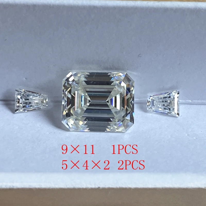 

Custom 9*11mm Emerald Cut 4.36 carat With 2piece 2*4*5mm Trapezoid White Moissanite Stone Moissanite Diamond for Wedding Ring