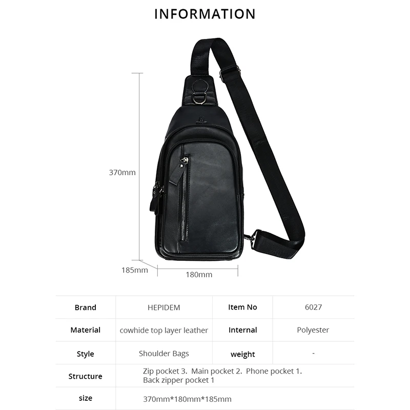 HEPIDEM Genuine Leather Men Casual Fashion Crossbody Chest Sling Bag Design Travel One Shoulder Bags Daypack Male 6027