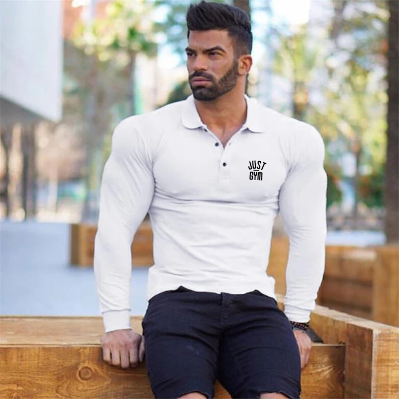 

Gym Warriors Cotton Polo Shirts Men Slim Fit Long Sleeve Polo homme Fitness Camisas solid Color Autumn Turn Collar Poloshirt