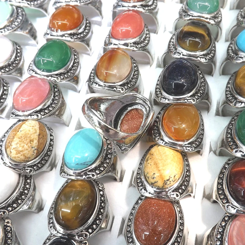 50pcs Vintage Oval shape Natural Stone Rings Mixed Color