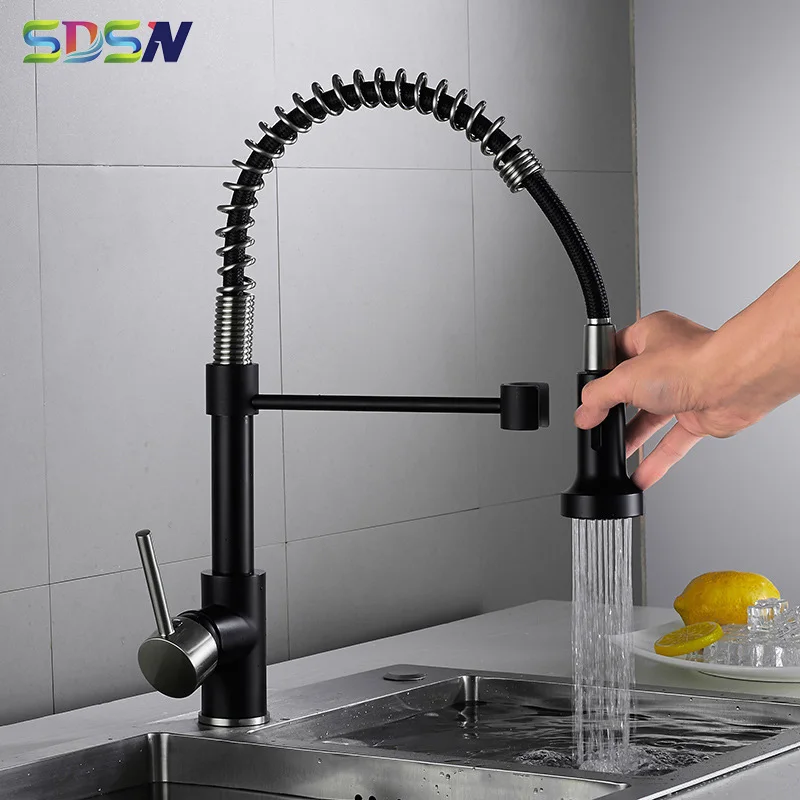 

Pull Down Kitchen Faucet SDSN Black Bruhsed Pull Down Kitchen Faucets Quality Brass Spring Kitchen Mixer Tap Hot Cold Water Tap