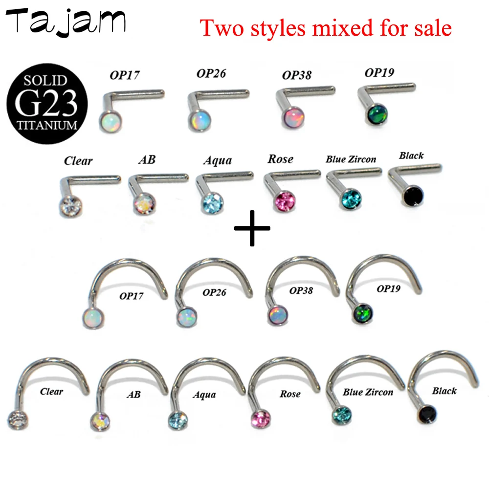 Lot 2 Pieces G23 Titanium Opal CZ Gem Screw  Nose Stud Piercing L Shape Nose Ring Pin Stud Ring Fashion Body Piercing Jewelry