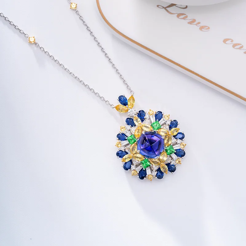 New Trendy Color  Stone Pendant Necklace Dazzling Tanzanite Silver Color Temperament Chokers  Jewelry