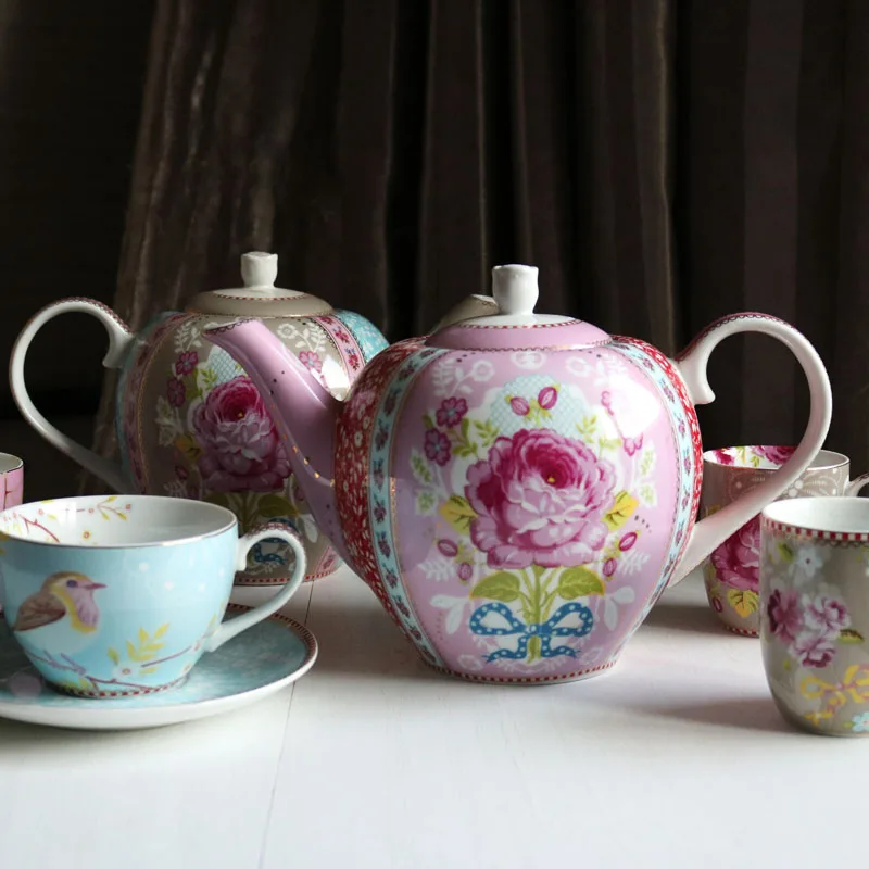 Bone China Large Flower Golden Edge Decorative Large Teapot/Bird Cup&Saucer