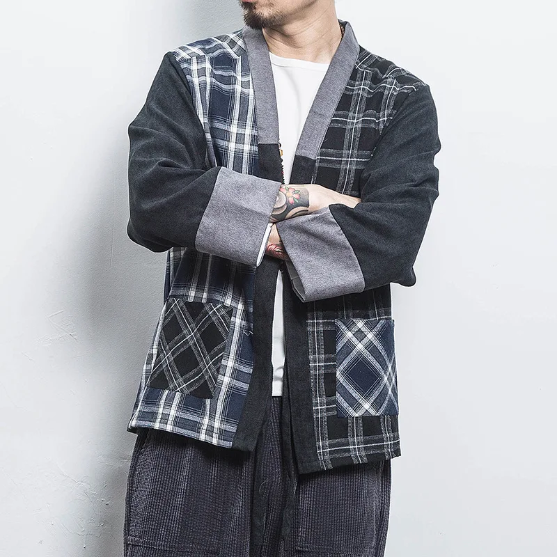 New Japanese Men Cotton Plaid Cardigan Japan Haori Outterwear Hanten Coat Fashion Male Samurai Kimono Yukata  Clothes