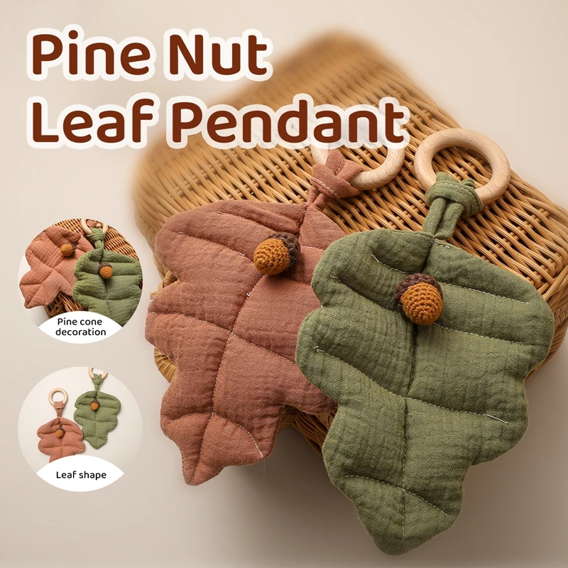 1Pc Baby Pine Nuts Leaf Pendant Wooden Ring Rattle Plush Leaves Teething Pendant Infant Play Gym Toys Newborn Nursing Gift