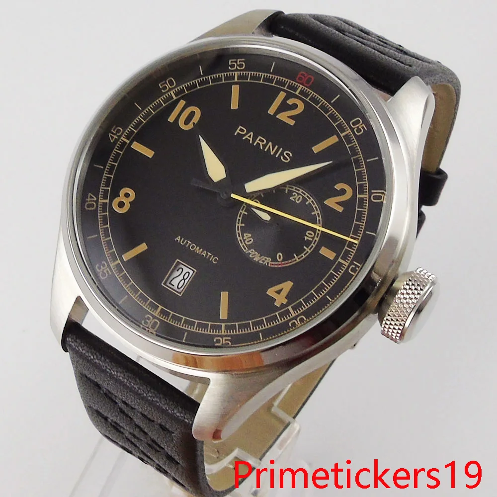 new automatic men watch 48mm date indicator leather strap stainless steel case solid backcover