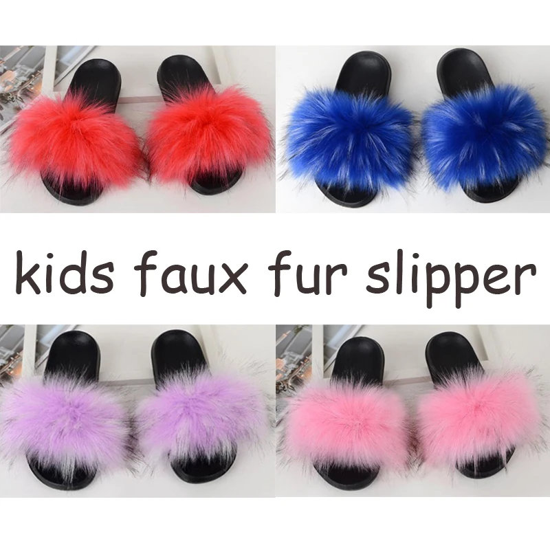 

Baby Little Girls Faux Fluffy Slippers Shoes Children Cute Furry Sandals Kids Fake Fur Slides For Infant Summer Plush Flip Flops