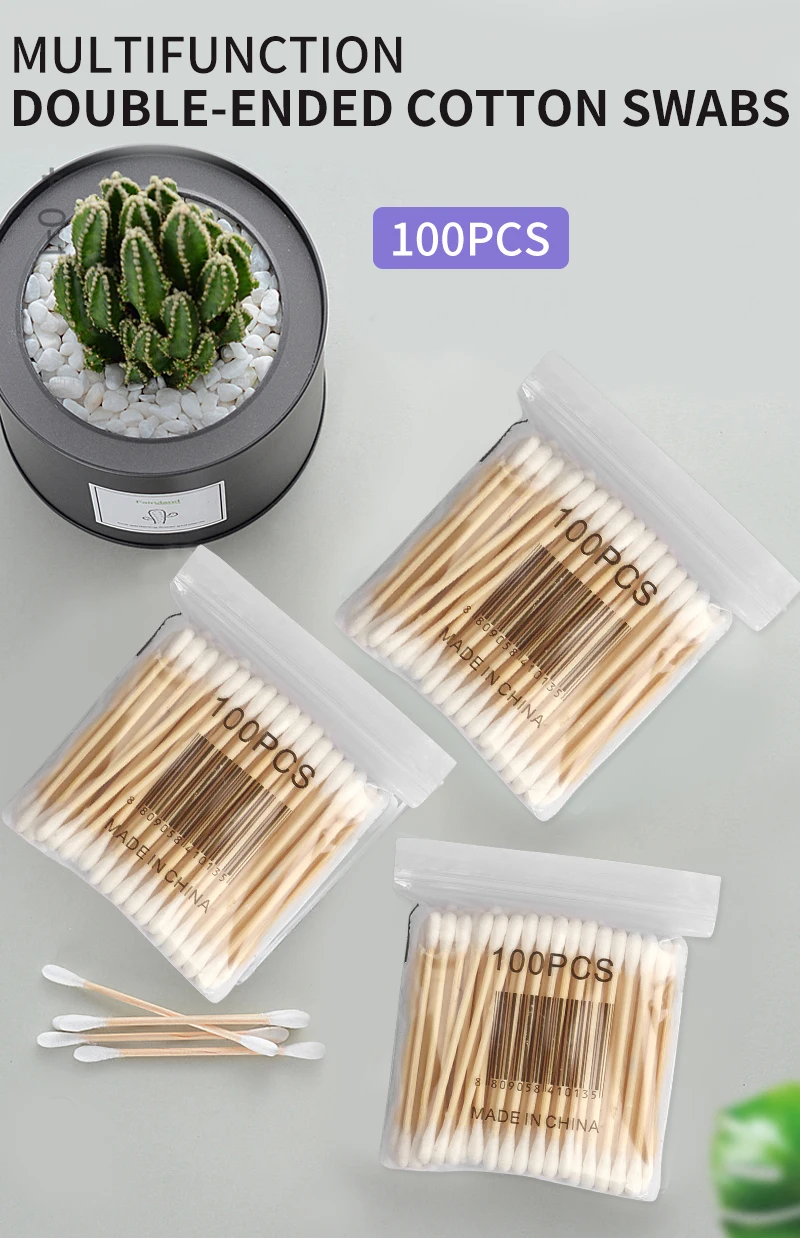 100 stücke Doppel Kopf Baumwolle Tupfer Holz Sticks Baumwolle Tupfer Microbrush Einweg Baumwolle Knospen Für Schönheit Make-Up Nase Ohren Reinigung – Detail 1