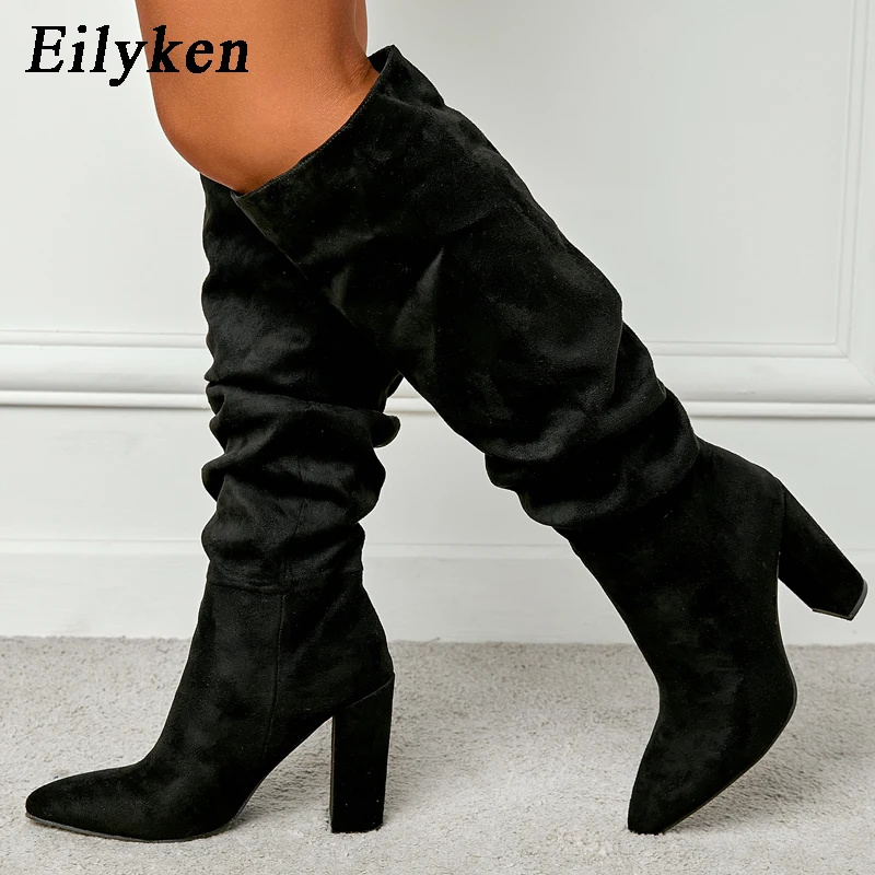 Eilyken Winter Women Pointed Toe Folds Flock Warm Knee-High Boot  Fashion Concise Ladies Office High Heels Shoes