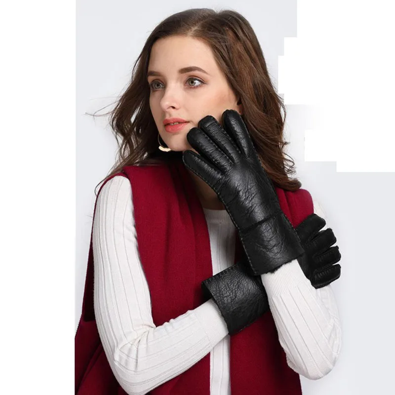 Super quente russo inverno quente luvas de couro genuíno para as mulheres real pele carneiro manual luvas de pele feminino equitação lã guantes