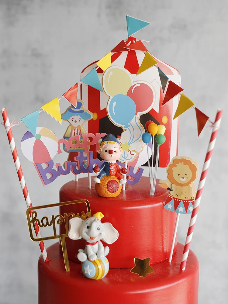 Baby Children's Happy Birthday Cake Topper Costume Circus Clown Elephant Party Dessert Card Dolls Cake Decoration Anniversary