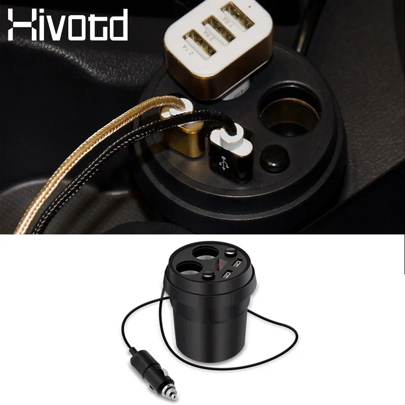 Hivotd Universal Accessories Car Dual USB Charger Cup Holder Power Socket Adapter Cigarette Lighter Auto Interior Mouldings