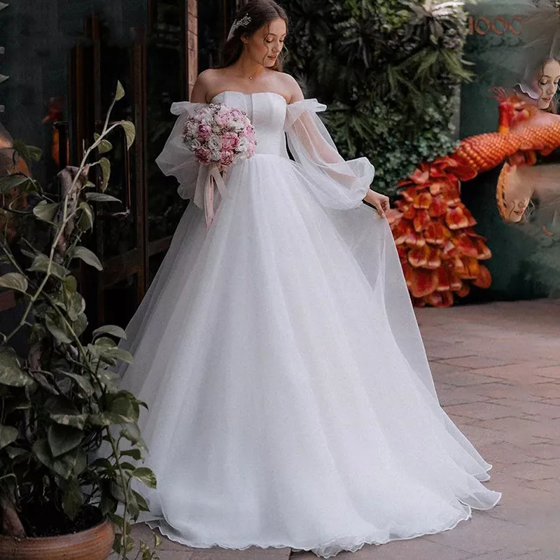 Princess Strapless Wedding Dress 2024 Puff Long Sleeves Off Shoulder Court Train Vestido De Noiva Organza Bridal Gown Simple