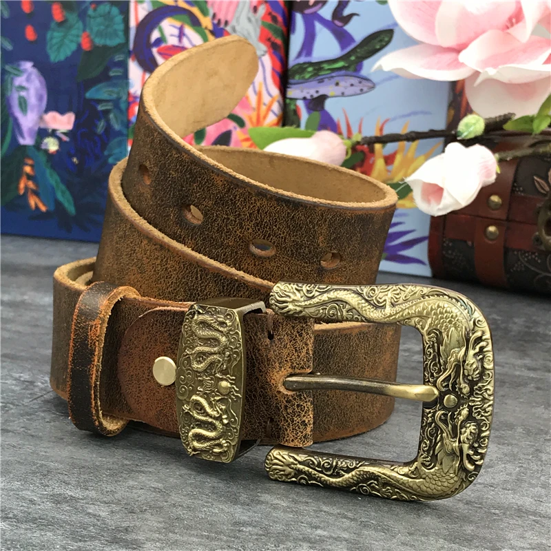 Chinese Dragon Cowboy Brass Belt Buckle Men\'s Belt Ceinture Homme Yellow Belt Male Wide Jeans Men Leather Belt Riem MBT0099