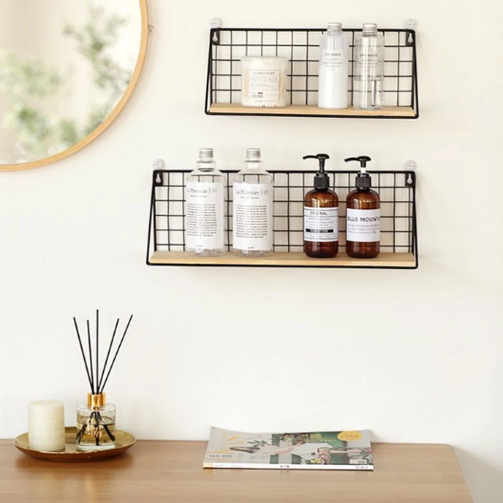 S M L -- Floating Wall Mounted Storage Rack Metal + Wood Shelf Bathroom Kitchen Racks Organizers Shelves Holder Home Decor Decal