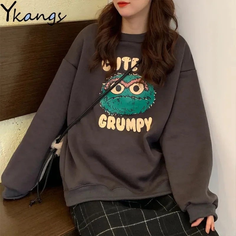 Cartoon Print O-Neck Streetwear Loose Long Sleeve Pullovers Women Korean Style Clothing Goblincore Aesthetic Ulzzang Tops Female