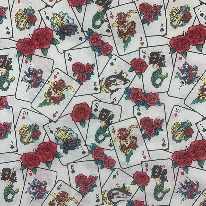 Cool 100% Cotton Fabric White Bottom Poker Rose Pattern Fabric Digital Print Sewing Material DIY Home Patchwork Dress Clothing