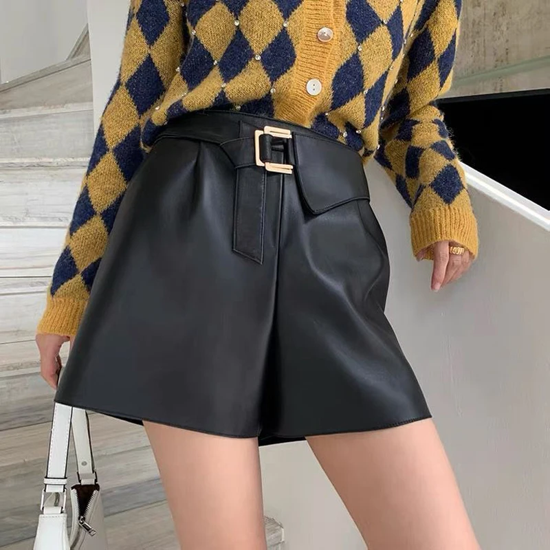 Harajuku Shorts Women Female Genuine Leather European Elastic Waist Contrast Belt Casual Pants Sexy Mini New 2021