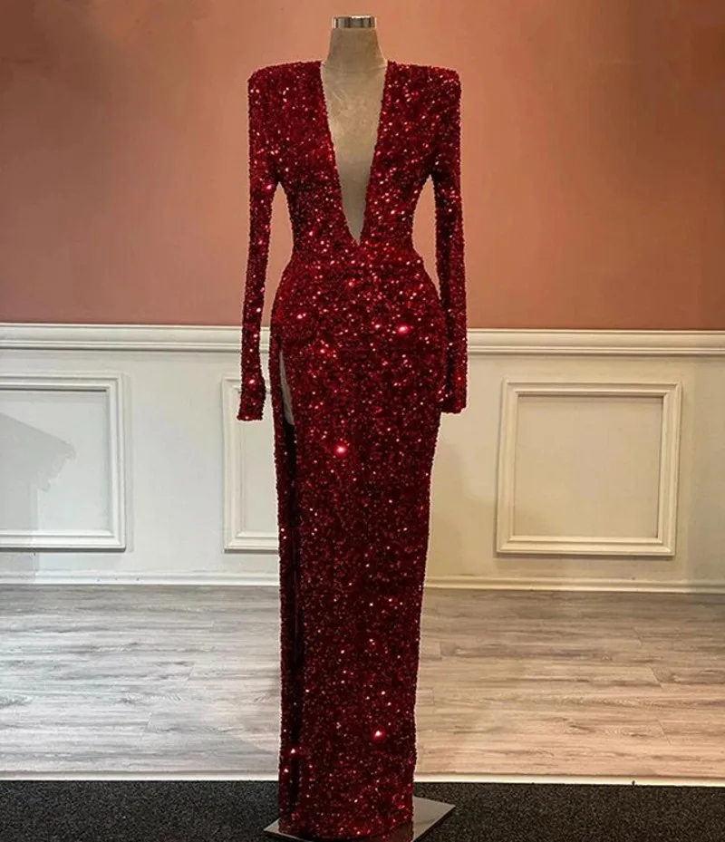 Abiti da sera Sexy con scollo a V e maniche lunghe con paillettes bordeaux ragazze nere africane Robe De Soirée Vestidos Prom Party Gown