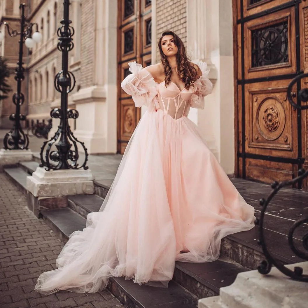 Abito da sera in Tulle rosa chiaro abito da ballo senza spalline abiti da sera soffici a strati a manica lunga abito da sposa a trapezio per abiti da sposa personalizzati