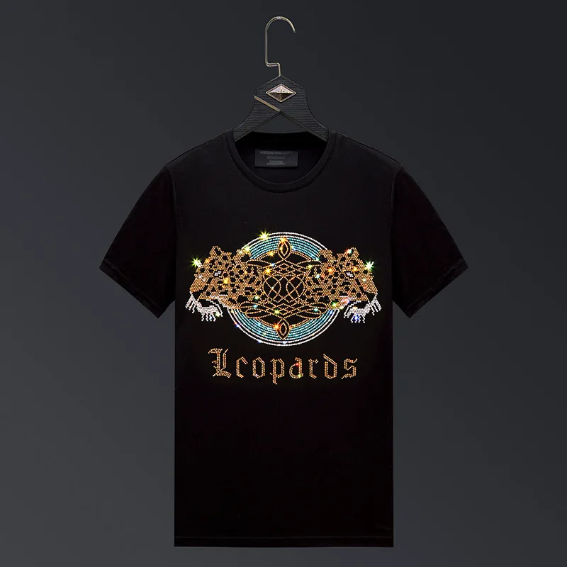 

2024 Leopard Rhinestones T Shirts Mens Top Fashion Streetwear O Neck Short Sleeve Slim Modal Cotton Animal Tshirts Men Clothing