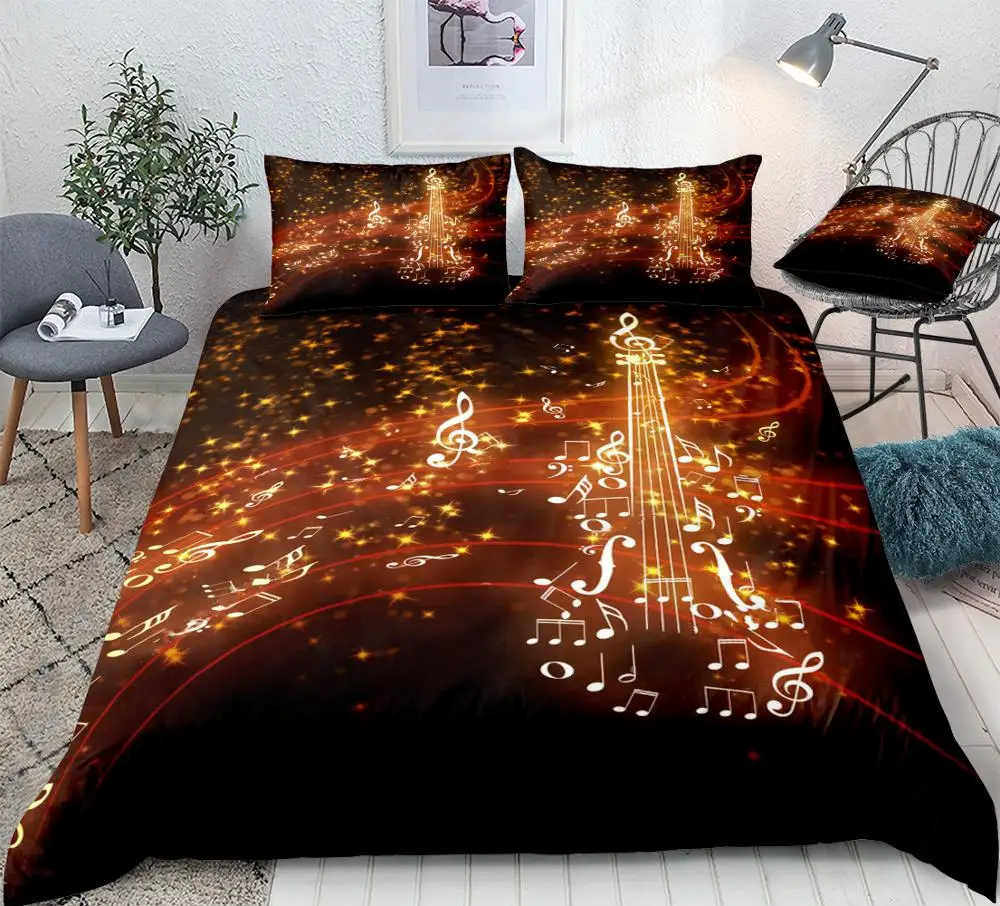 

3 Pieces Music Note Violin Duvet Cover Set Glowing Sparks Bedding Kids Boys Girls Microfiber Quilt Cover Queen Black Dropship