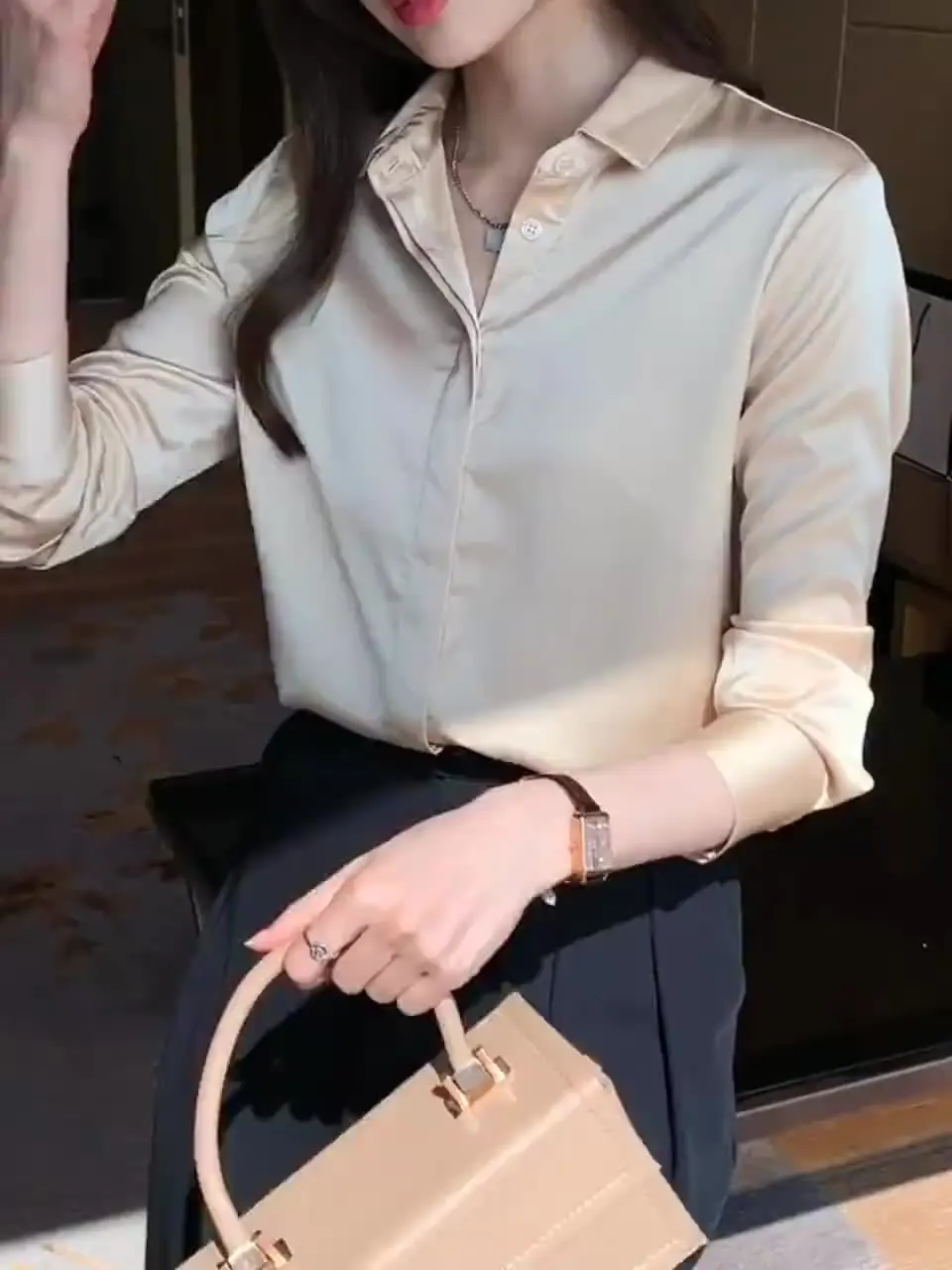 

8285 Spring Autumn Women Shirt Fashion Office Lady Satin Long Sleeves Solid Color Versatile Elegant Female Casual Basic Blouses