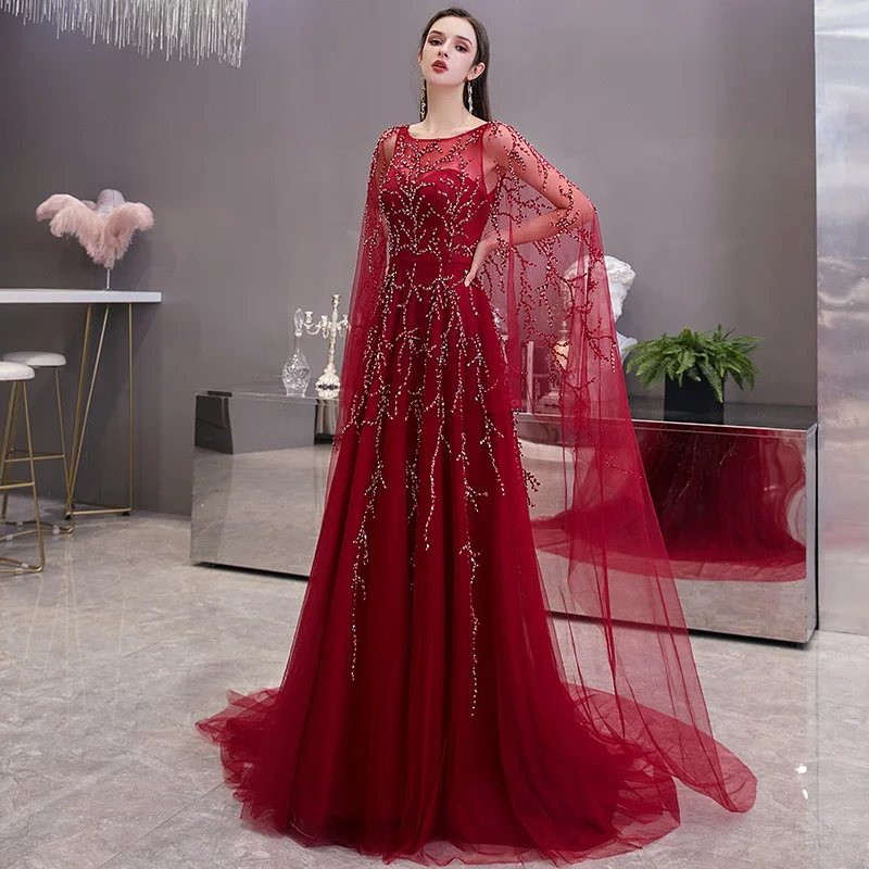 2020 di nuovo Modo di Vino Rosso Abiti Da Sera Lungo Jewel Collare UNA Linea Prom Abito Sexy V Indietro robe de soiree