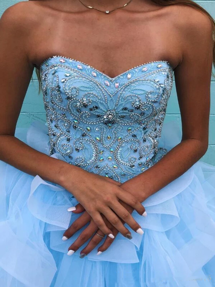 Vestidos de Noche de tul con cola para mujer, vestidos de princesa hinchados con cuentas y cordones en la espalda, dulce vestido de fiesta de graduación de 16 años, 2020