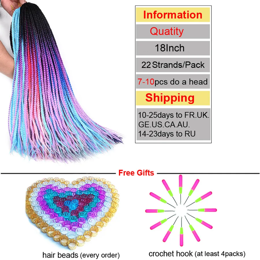 TOMO Synthetic Crochet Hair Box Braids 22Roots Colored Braiding Hair Extensions 24Inch Rainbow Ombre Crochet Braids Pink Red