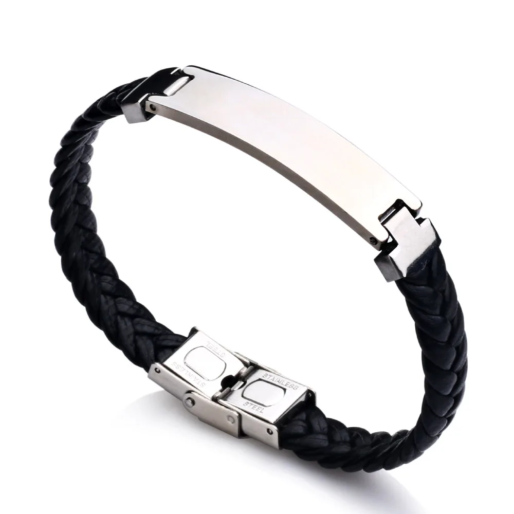 2024 Trend Jewelry Vintage Smooth Shiny Stainless Steel Leather Braided Leather Bracelet  Cuff Men's  Bracelet