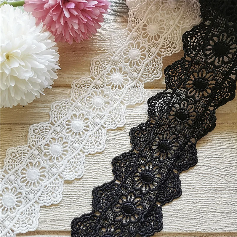 5.5CM Wide White Black Cotton Hollow Embroidered Guipure Lace Fabric Ribbon Fringe Edge Trim Dress Collar Cuffs DIY Sewing Decor